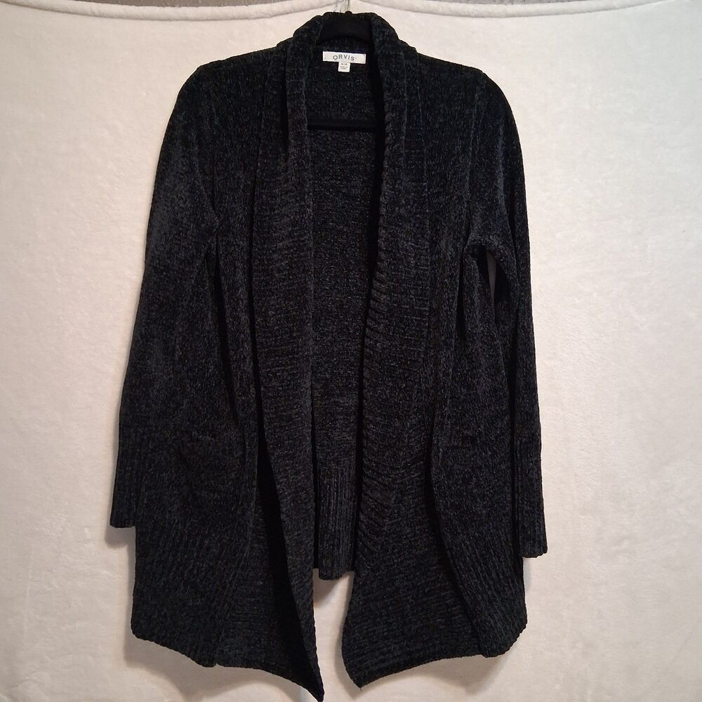Orvis M Cardigan Sweater Black/Gray Chennille Open Front Pockets Classic Soft